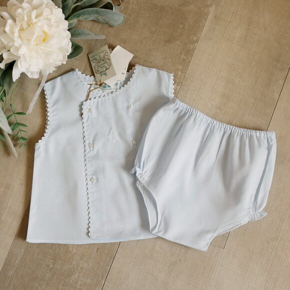 Boy's Blue Heirloom Diaper Set SailBoat Feltman Brothers Ric-Rac Trim NWT - Picture 1 of 4